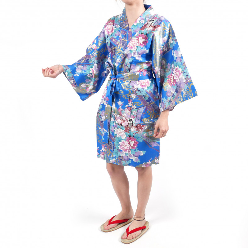hanten tradicional kimono azul japonés en algodón satinado princesita para mujer