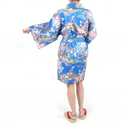 Kimono tradizionale giapponese blu hanten in raso di cotone piccola principessa da donna