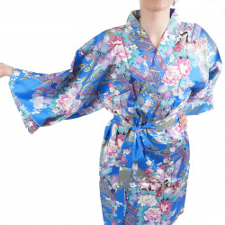 hanten tradicional kimono azul japonés en algodón satinado princesita para mujer