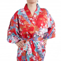 hanten kimono rojo japonés tradicional en algodón satinado princesita para mujer