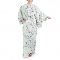 Japanische traditionelle türkisfarbene Baumwolle Yukata Kimono weiße Kirschblüten für Frauen