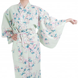 Japanese traditional turquoise cotton yukata kimono white cherry blossoms for women