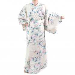 Japanische traditionelle weiße Baumwolle Yukata Kimono weiße Kirschblüten für Frauen