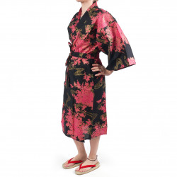 Kimono Happi tradizionale giapponese in cotone nero e peonia per donna