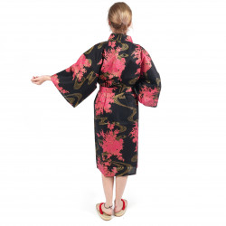 happi kimono traditionnel japonais noir en coton pivoine et rivière pour femme