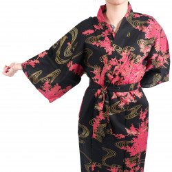 happi kimono traditionnel japonais noir en coton pivoine et rivière pour femme