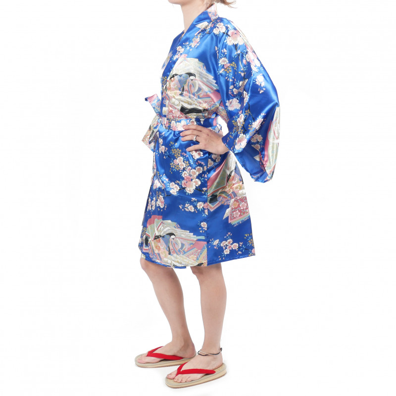 Hanten traditioneller japanischer blauer Kimono in der Polyester-Dynastie unter der Kirschblüte für Frauen