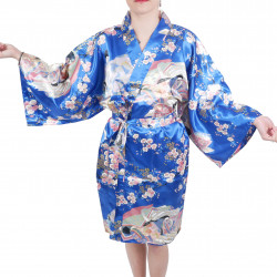 kimono azul japonés tradicional hanten en dinastía poliéster bajo la flor de cerezo para mujer