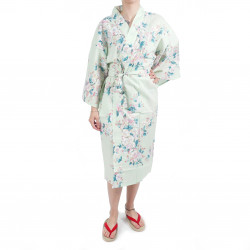 Happi traditionelle japanische türkisfarbene Baumwolle Kimono weiße Kirschblüten für Frauen