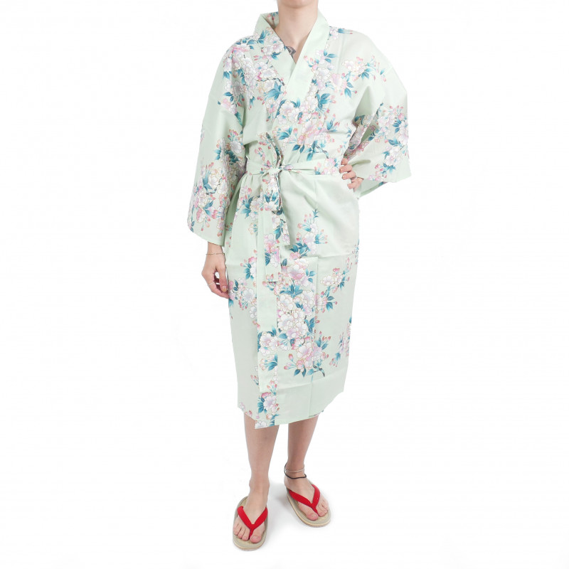 Happi kimono tradizionale in cotone turchese giapponese fiori di ciliegio bianchi per donna