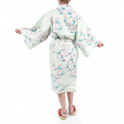 Happi kimono tradizionale in cotone turchese giapponese fiori di ciliegio bianchi per donna