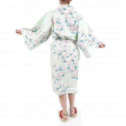 happi kimono traditionnel japonais turquoise en coton fleurs de cerisiers blanches pour femme