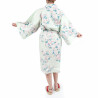 happi kimono de algodón turquesa japonés tradicional flores de cerezo blancas para mujeres