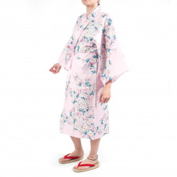 Happi Kimono tradizionale giapponese in cotone rosa con fiori di ciliegio bianchi per donna