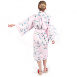 happi Japanese traditional pink cotton kimono white cherry blossoms for women