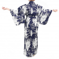 Kimono de yukata de algodón azul tradicional japonés en iris y río para mujer