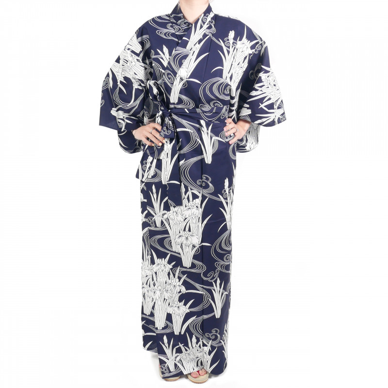 kimono yukata traditionnel japonais bleu en coton iris et rivière pour femme