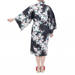 Happi kimono tradizionale giapponese in cotone nero con fiori di ciliegio bianco per donna