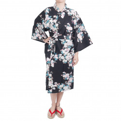 Happi traditionelle japanische schwarze Baumwolle Kimono weiße Kirschblüten für Frauen