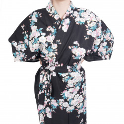 Happi kimono tradizionale giapponese in cotone nero con fiori di ciliegio bianco per donna