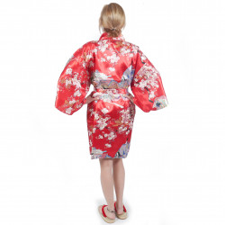 hanten traditional japanese red kimono in polyester dynasty under the cherry blossoms for women