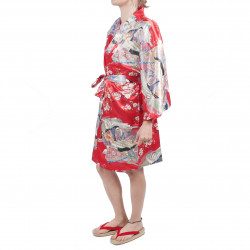 Kimono hanten tradizionale giapponese rosso in dinastia poliestere sotto i fiori di ciliegio per donna