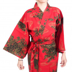 Happi traditionelle japanische rote Baumwollpfingstrose und Fluss Kimono für Frauen