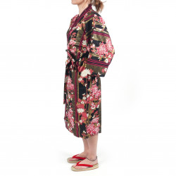 happi traditional Japanese black cotton kimono floral chrysanthemums for women