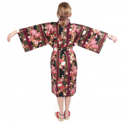 happi traditional Japanese black cotton kimono floral chrysanthemums for women