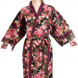 Happi crisantemi floreali tradizionali kimono di cotone nero giapponese per donna