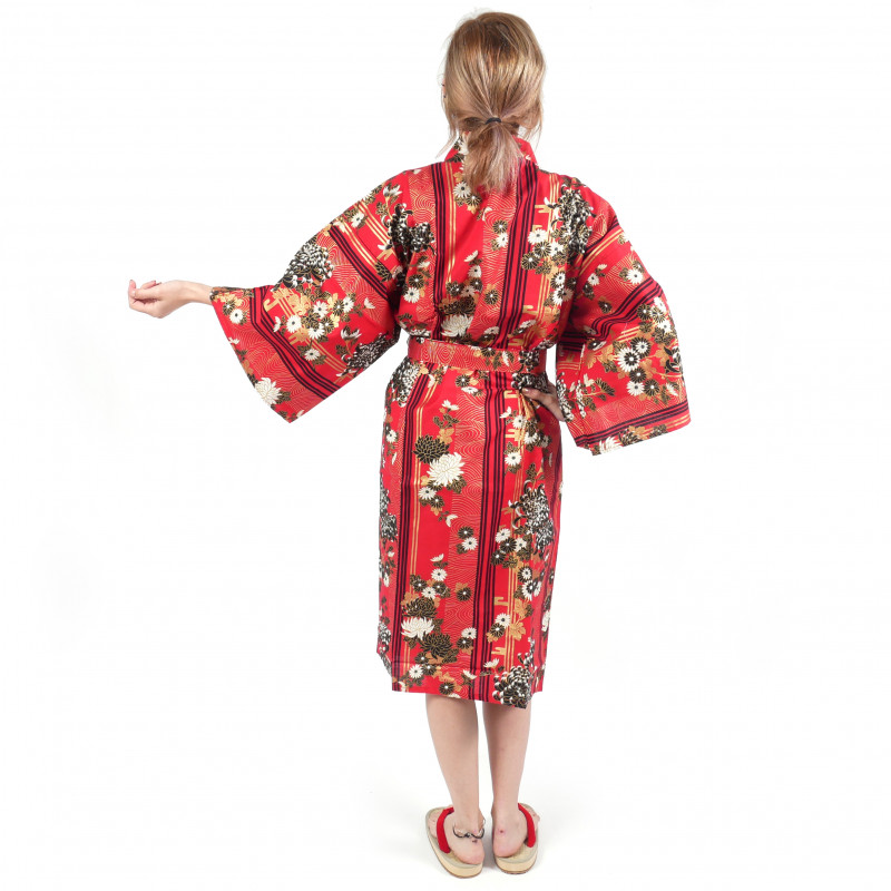 Happi traditionelle japanische rote Baumwolle Kimono Blumen Chrysanthemen für Frauen
