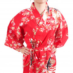 Kimono Happi tradizionale giapponese in cotone rosso ciliegia per donna