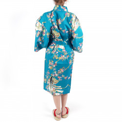 happi kimono traditionnel japonais turquoise en coton princesse cerisier pour femme