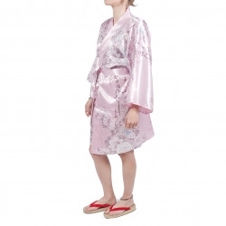 Hanten traditioneller japanischer rosa Kimono in Satin Poesie und Blumen für Frau