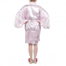 Hanten traditioneller japanischer rosa Kimono in Satin Poesie und Blumen für Frau