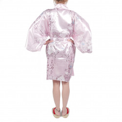 hanten kimono traditionnel japonais rose en satin poésies et fleurs pour femme