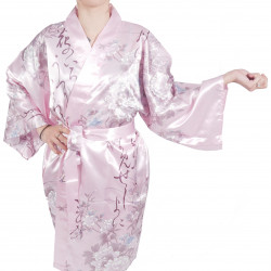 Kimono tradizionale giapponese Hanten in poesia satinata e fiori per donna