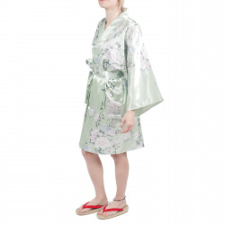 hanten traditional japanese turquoise kimono in satin poetry and flowers for woman