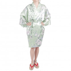 hanten traditional japanese turquoise kimono in satin poetry and flowers for woman