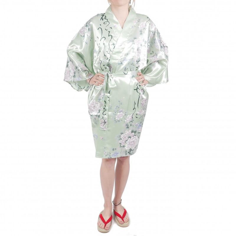 hanten kimono traditionnel japonais turquoise en satin poésies et fleurs pour femme