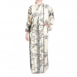 Japanese traditional white cotton yukata kimono bamboo and sparrow for women