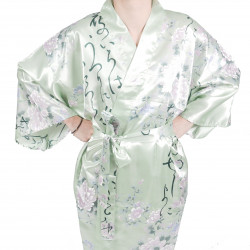hanten kimono traditionnel japonais turquoise en satin poésies et fleurs pour femme