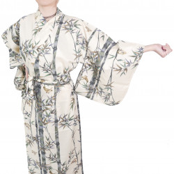 Japanese traditional white cotton yukata kimono bamboo and sparrow for women