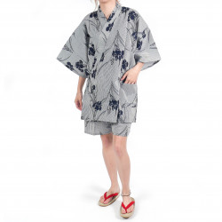 Japanische traditionelle graue blaue Baumwoll-Jinbei-Kimonostreifen und Irisblumen für Frauen