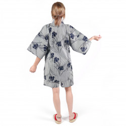 Japanese traditional gray blue cotton jinbei kimono stripes and iris flowers for women