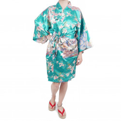 hanten traditional japanese turquoise kimono in polyester dynasty under the cherry blossom for women