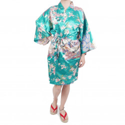 Kimono hanten tradizionale turchese giapponese in dinastia poliestere sotto il fiore di ciliegio per donna