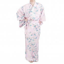Kimono yukata di cotone rosa tradizionale giapponese fiori di ciliegio bianchi per donna