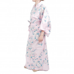 Japanese traditional pink cotton yukata kimono white cherry blossoms for women