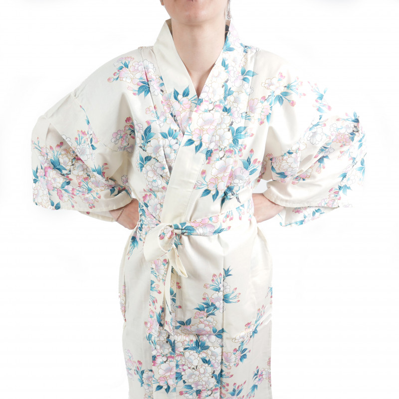 Happi traditionelle japanische weiße Baumwolle Kimono weiße Kirschblüten für Frauen